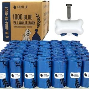 GORILLA SUPPLY Dog Poop Waste Bags with Dispenser and Leash Tie, 9″ x 13″, Blue, 1000 Count