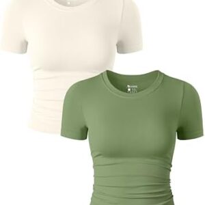 OQQ Womens 2 Piece Shirts Short Sleeve Crew Neck Ruched Stretch Fitted Tee Shirts Crop Tops