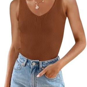 ZESICA Womens 2024 Ribbed Tank Tops Summer Sleeveless V Neck Shirts Casual Sexy Slim Fitted Basic Knit Tees