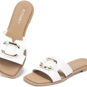 FITORY Women’s Flat Sandals Fashion Slides With Soft Leather Slippers for Summer Size 6-11
