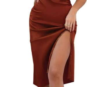 LYANER Women’s Satin Drape Cowl Neck Sleeveless Strappy Cami Split Slit Party Midi Dress