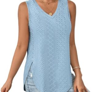 XIEERDUO Womens Tank Tops V Neck Eyelet Embroidery Casaul Sleeveless Shirts