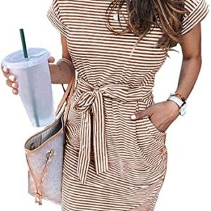 MEROKEETY Women’s Summer Striped Short Sleeve T Shirt Dress Casual Tie Waist with Pockets