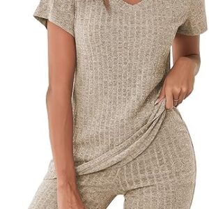 Ekouaer Biker Short Sets Women 2 Piece Outfits Ribbed Pajama Short Sleeve Workout Set