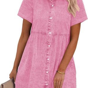 GRAPENT Denim Dress for Women Babydoll Tiered Short Sleeve Button Down Jean Shirt Dresses
