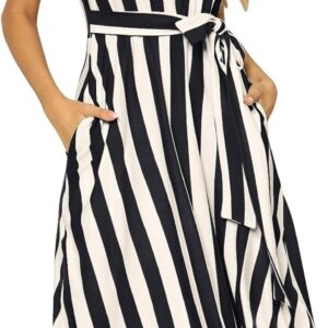 levaca Women’s Short Sleeve Striped Casual Flowy Midi Belt Dress with Pockets