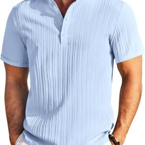 COOFANDY Men Casual Henley Tee Shirt Short Sleeve Band Collar Summer Beach Textured T-Shirt