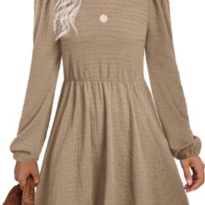 SAMPEEL Women’s Fall Long Puff Sleeve Round Neck High Waist Casual Party Dresses