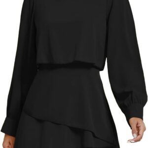 LYANER Women’s Casual Crewneck Long Sleeve Layered Ruffle Hem A Line Mini Dress