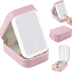 LED Three Color Adjustable Makeup Mirror,Three Colors Brightness Adjustable Makeup Mirror with Lights,Travel Makeup Bag with LED Adjustable Makeup Mirror,Organizer Bag Portable Makeup Box