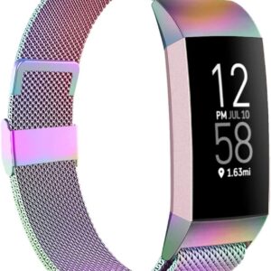 ZWGKKYGYH Compatible with Fitbit Charge 3 and Fitbit Charge 4 Bands for Women Men, Stainless Steel Mesh Metal Band Magnetic Replacement Accessories Bracelet Strap, Colorful Small
