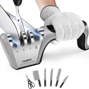 Longzon 4-in-1 Knife Sharpener [4 stage] with a Pair of Cut-Resistant Glove, Original Premium Polish Blades, Best Kitchen Knife Sharpener Really Works for Ceramic and Steel Knives, Scissors.