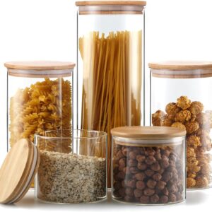 YUNCANG Glass Storage Jars [Set of 5],Clear Glass Food Storage Containers with Airtight Bamboo Lid Stackable Kitchen Canisters for Candy,Cookie,Rice,Sugar,Flour,Pasta,Nuts and Spice Jars