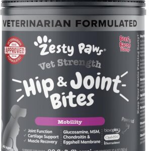 Zesty Paws Vet Strength Mobility Bites Beef & Bacon Flavor Hip & Joint Support Chews for Dogs with Glucosamine, Chondroitin, MSM, Hyaluronic Acid & Serrazimes – 90 Count