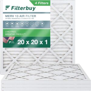 Filterbuy 20x20x1 Air Filter MERV 13 Optimal Defense (4-Pack), Pleated HVAC AC Furnace Air Filters Replacement (Actual Size: 19.50 x 19.50 x 0.75 Inches)