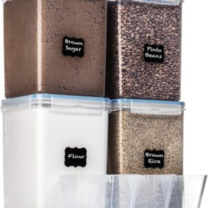 EXTRA LARGE WIDE & DEEP Food Storage Airtight Containers [Set of 4] 5.2L (175.9oz) w/ 4 Measuring Cups + Labels – Ideal for Sugar, Flour, Baking Supplies – Clear Plastic – Leakproof