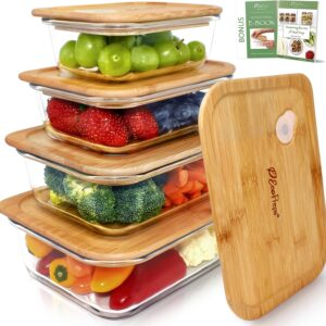 EcoPreps Glass Food Storage Containers with Bamboo Lids [4 Pack] 100% Plastic Free, Eco-Friendly, Oven, Microwave Safe Glass Meal Prep Containers, Glass Lunch Containers, Bamboo Lid Storage Containers