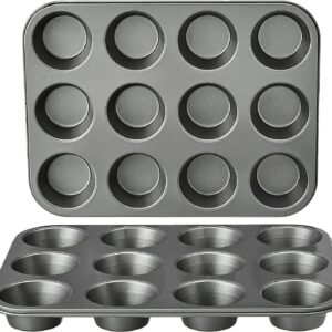 Amazon Basics Nonstick Round Muffin Baking Pan, 12 Cups, Set of 2, Gray, 13.9×10.55×1.22″